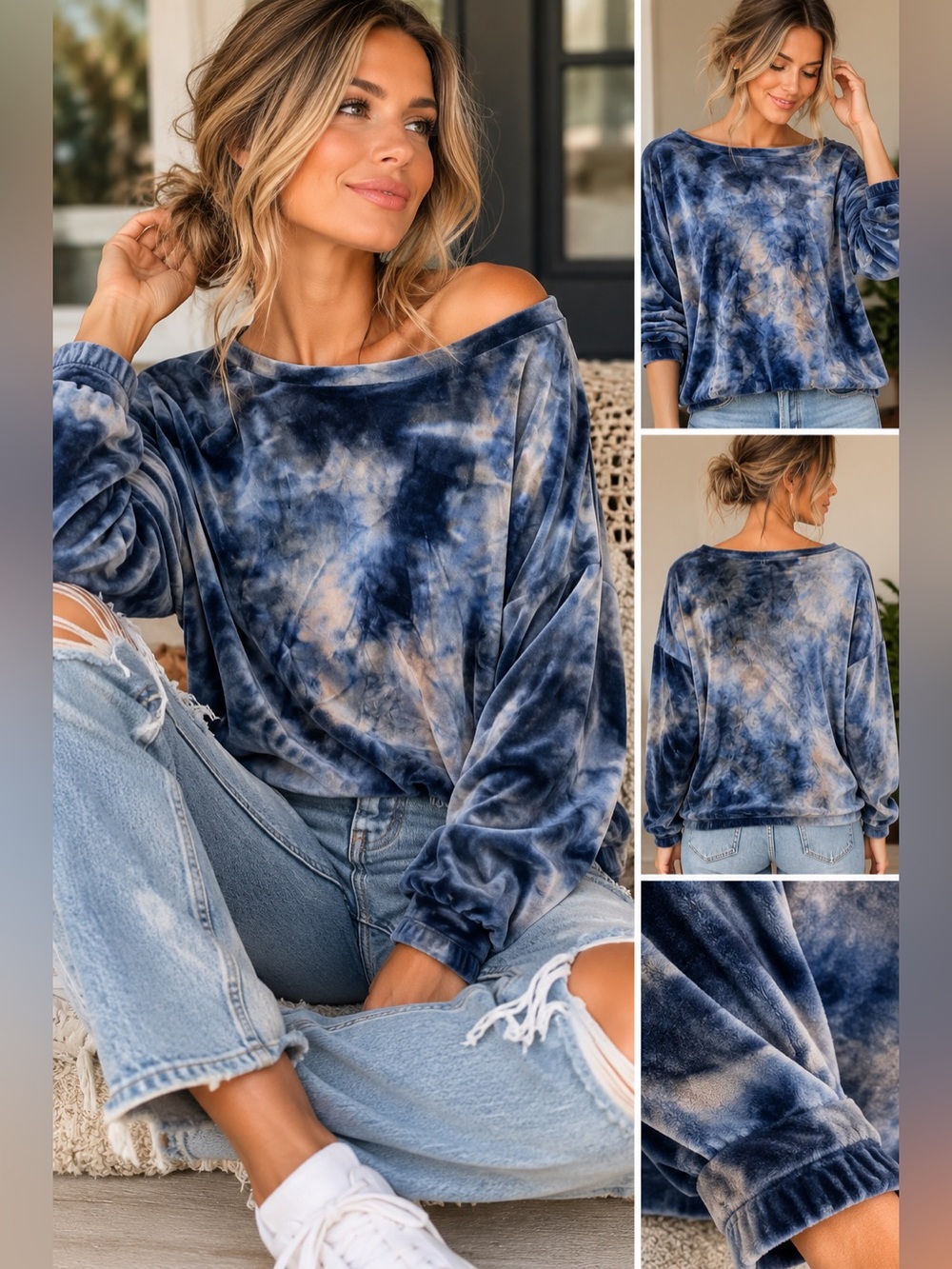 French Laundry Sport Blue Tie Dye Velour Long Sleeve Top Size Large NW